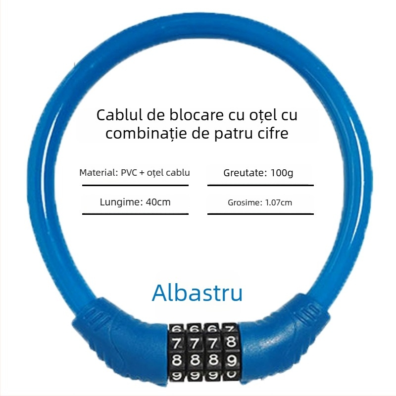 Încuietoare cu parolă Keyma pentru biciclete, motociclete și vehicule electrice — cod de patru cifre, cablu PVC din oțel, 100 g
