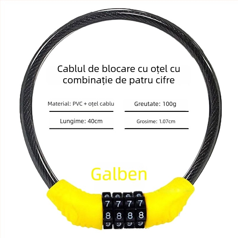 Încuietoare cu parolă Keyma pentru biciclete, motociclete și vehicule electrice — cod de patru cifre, cablu PVC din oțel, 100 g
