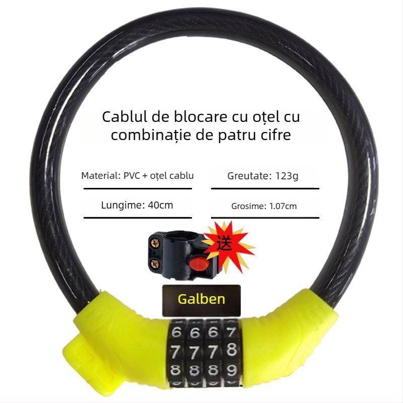 Încuietoare cu parolă Keyma pentru biciclete, motociclete și vehicule electrice — cod de patru cifre, cablu PVC din oțel, 100 g