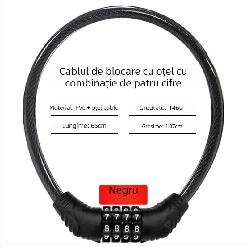 Încuietoare cu parolă Keyma pentru biciclete, motociclete și vehicule electrice — cod de patru cifre, cablu PVC din oțel, 100 g