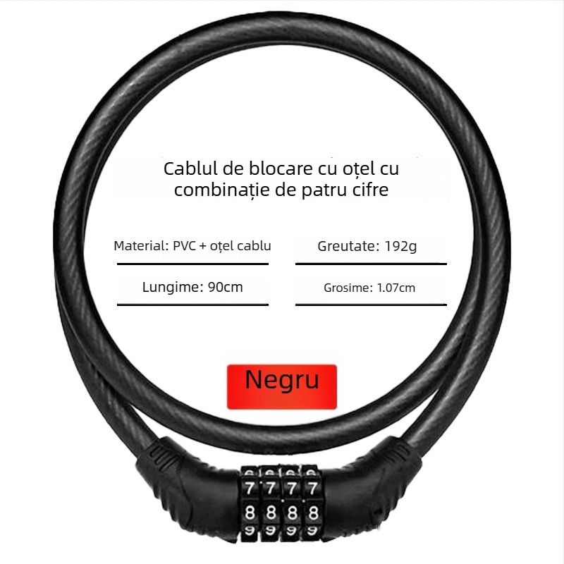 Încuietoare cu parolă Keyma pentru biciclete, motociclete și vehicule electrice — cod de patru cifre, cablu PVC din oțel, 100 g