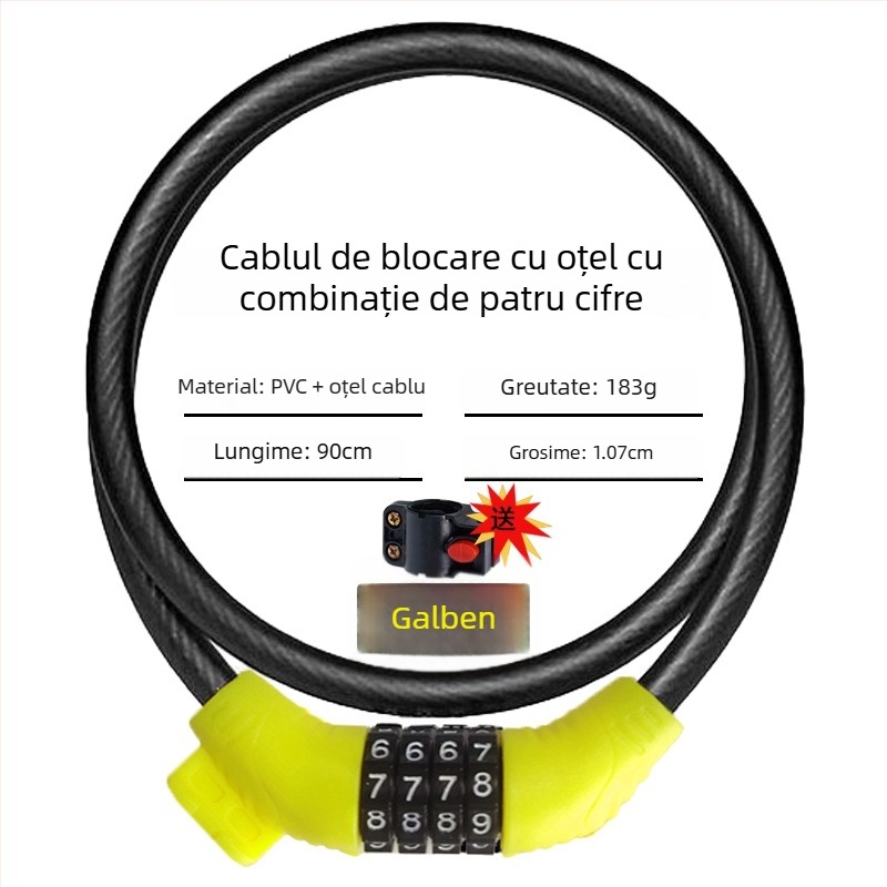 Încuietoare cu parolă Keyma pentru biciclete, motociclete și vehicule electrice — cod de patru cifre, cablu PVC din oțel, 100 g