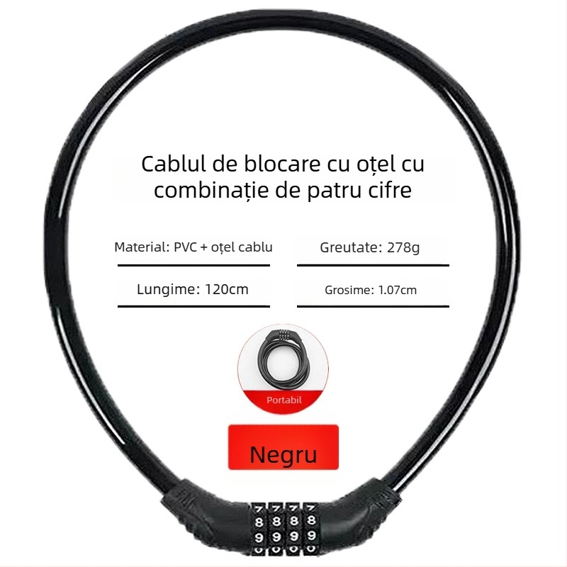 Încuietoare cu parolă Keyma pentru biciclete, motociclete și vehicule electrice — cod de patru cifre, cablu PVC din oțel, 100 g