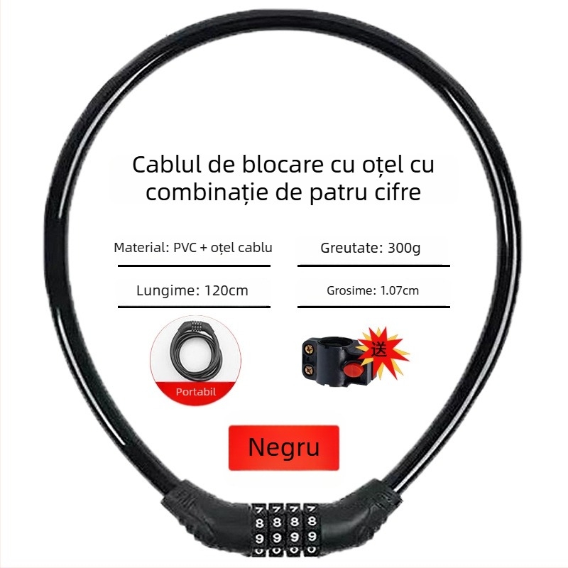 Încuietoare cu parolă Keyma pentru biciclete, motociclete și vehicule electrice — cod de patru cifre, cablu PVC din oțel, 100 g