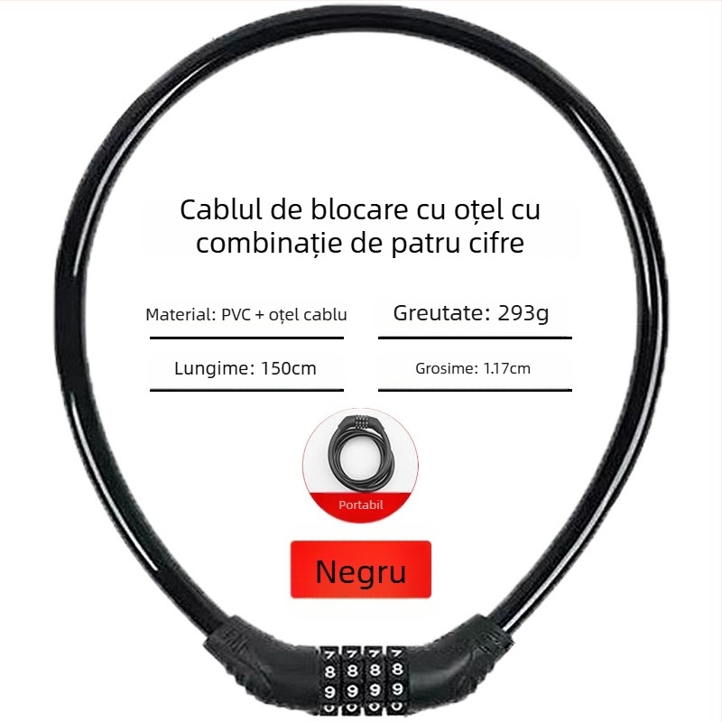 Încuietoare cu parolă Keyma pentru biciclete, motociclete și vehicule electrice — cod de patru cifre, cablu PVC din oțel, 100 g