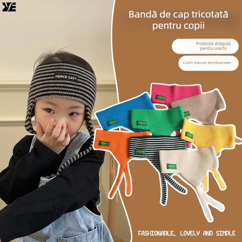 Bandă pentru urechi pentru copii, cu margini late, din lână tricotată, model carouri în formă de animal