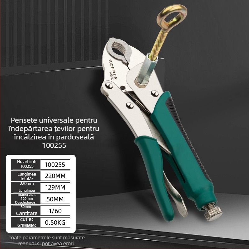 Tuosen clește pentru evacuarea conductelor de încălzire prin pardoseală, stil clește pentru țevi, caracteristici standard