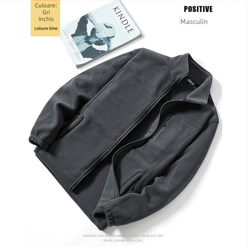 Jachetă cardigan din fleece polar, culoare solidă, guler înalt, ușoară, călduroasă pentru iarnă și toamnă