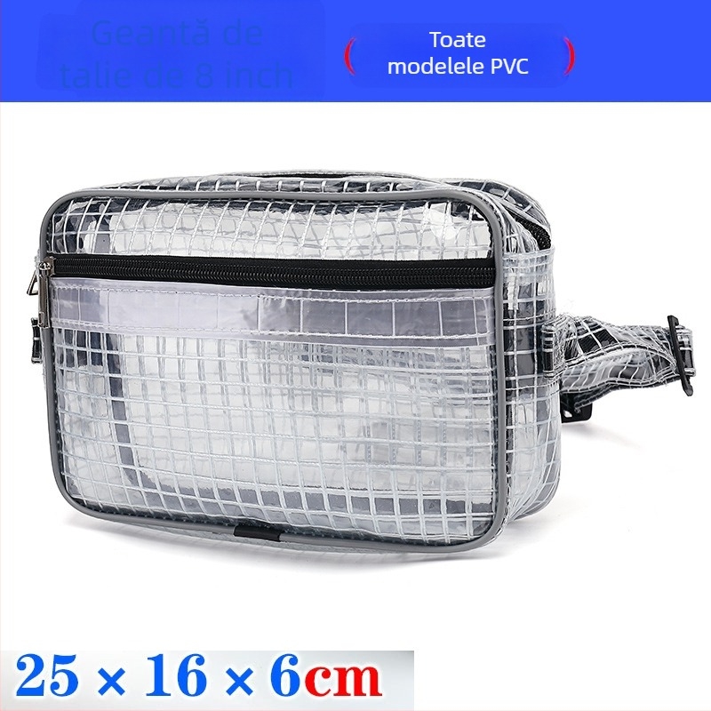 Geantă de piept pentru bărbați din PVC – Model transparent cu plasă, închidere cu fermoar, buzunar interior cu fermoar, formă pătrată orizontală