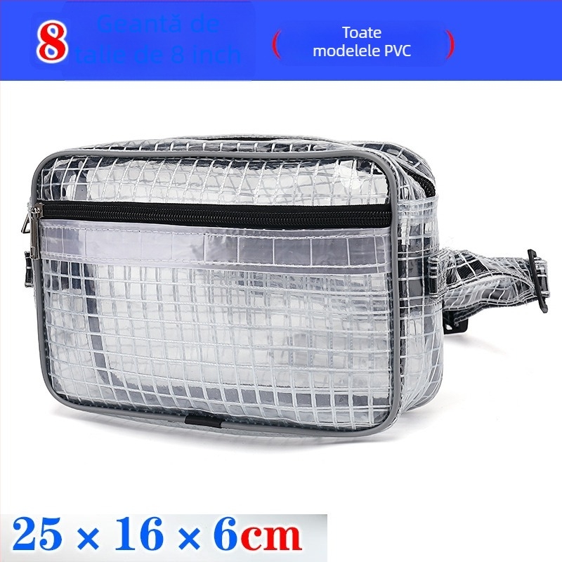 Geantă de piept pentru bărbați din PVC – Model transparent cu plasă, închidere cu fermoar, buzunar interior cu fermoar, formă pătrată orizontală