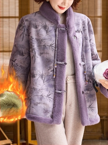 Palton din blană artificială de nurcă pentru femei de vârstă mijlocie și în vârstă | stil elegant urban | compoziția principală a țesăturii: poliester (>95%); imprimeu: plante și flori; lungime: 50–65 cm; tratament fără călcare