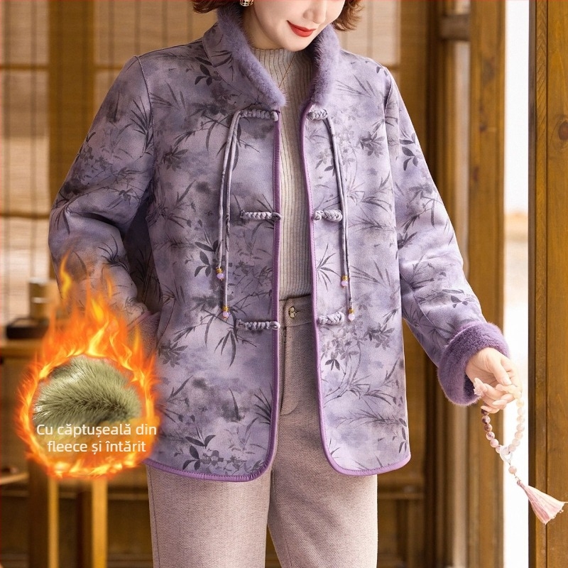 Palton din blană artificială de nurcă pentru femei de vârstă mijlocie și în vârstă | stil elegant urban | compoziția principală a țesăturii: poliester (>95%); imprimeu: plante și flori; lungime: 50–65 cm; tratament fără călcare