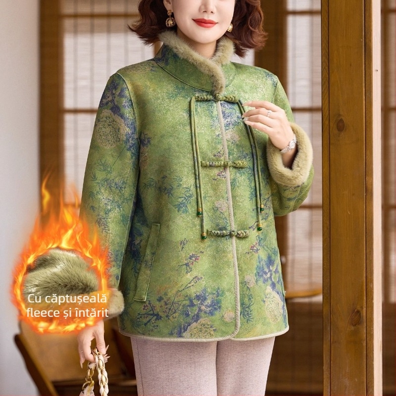 Palton din blană artificială de nurcă pentru femei de vârstă mijlocie și în vârstă | stil elegant urban | compoziția principală a țesăturii: poliester (>95%); imprimeu: plante și flori; lungime: 50–65 cm; tratament fără călcare