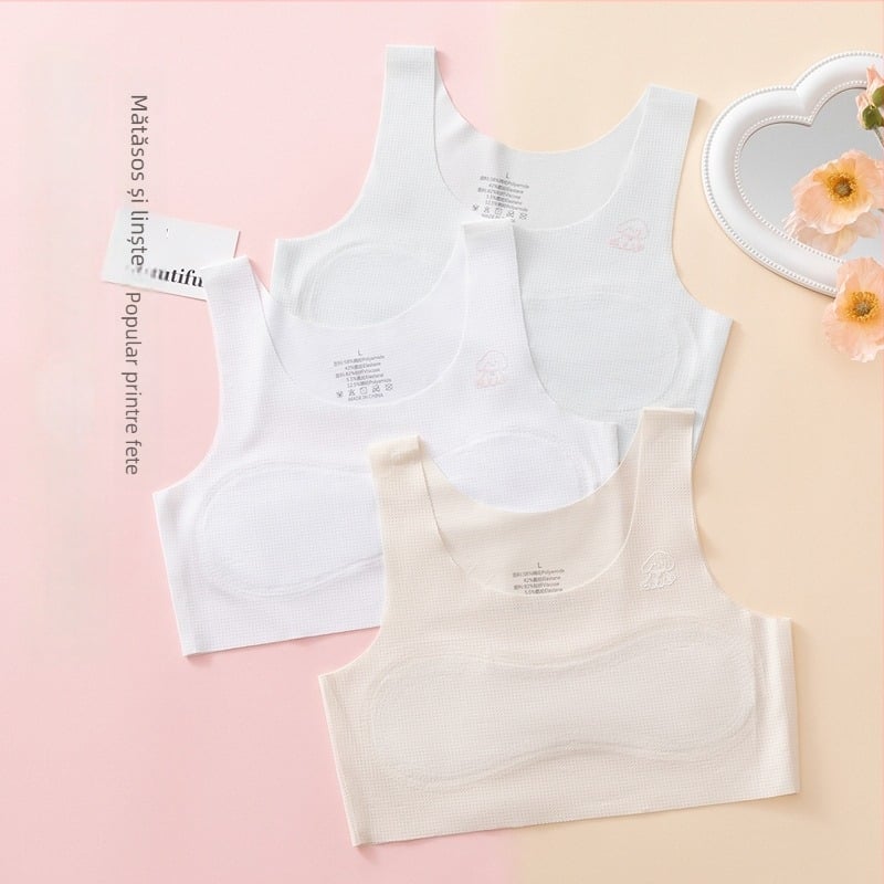 Bustier pentru fete, material ice-silk, cupe profilate ultra-subțiri, căptușeală din bumbac, bretele fixe dublu, respirație la spate
