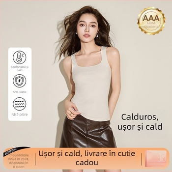 Vesta termică pentru femei, fără cusături, guler pătrat, dublu strat, cu velur, antibacteriană și antistat, menține căldura, material: fibră acrilică