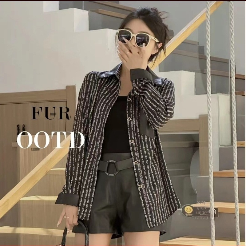 Cămașă de damă din piele de oaie, panouri de chiffon, mâneci lungi, închidere cu catarame, toamnă-iarna 2025