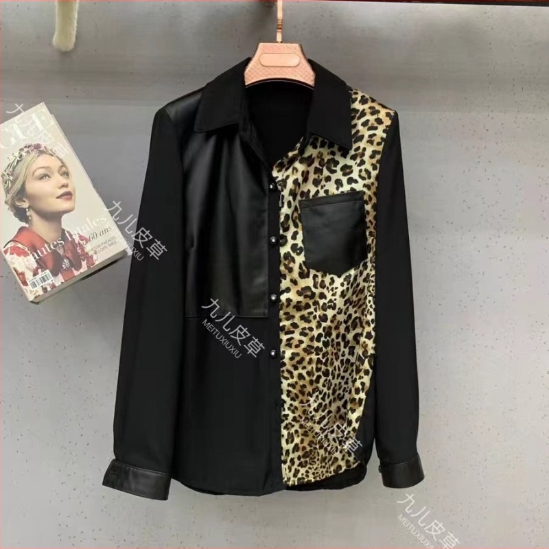 Cămașă de damă din piele de oaie, panouri de chiffon, mâneci lungi, închidere cu catarame, toamnă-iarna 2025