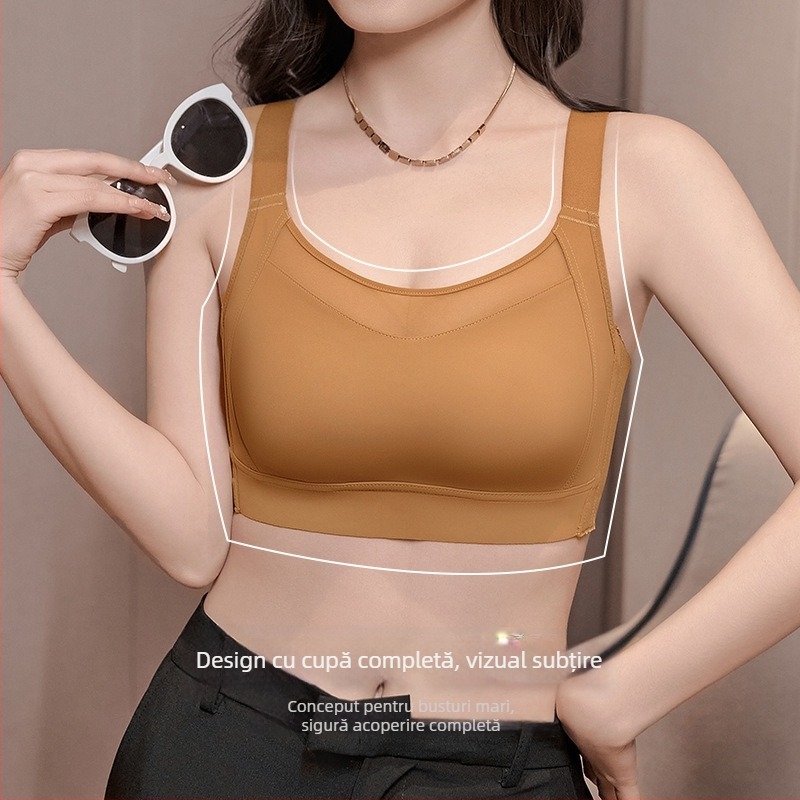 Sutien fără cusături cu cupă întreagă – ultra-subțire din nylon, cupe turnate subțiri, fără arc, bretele duble fixe, anti-prolapsiune