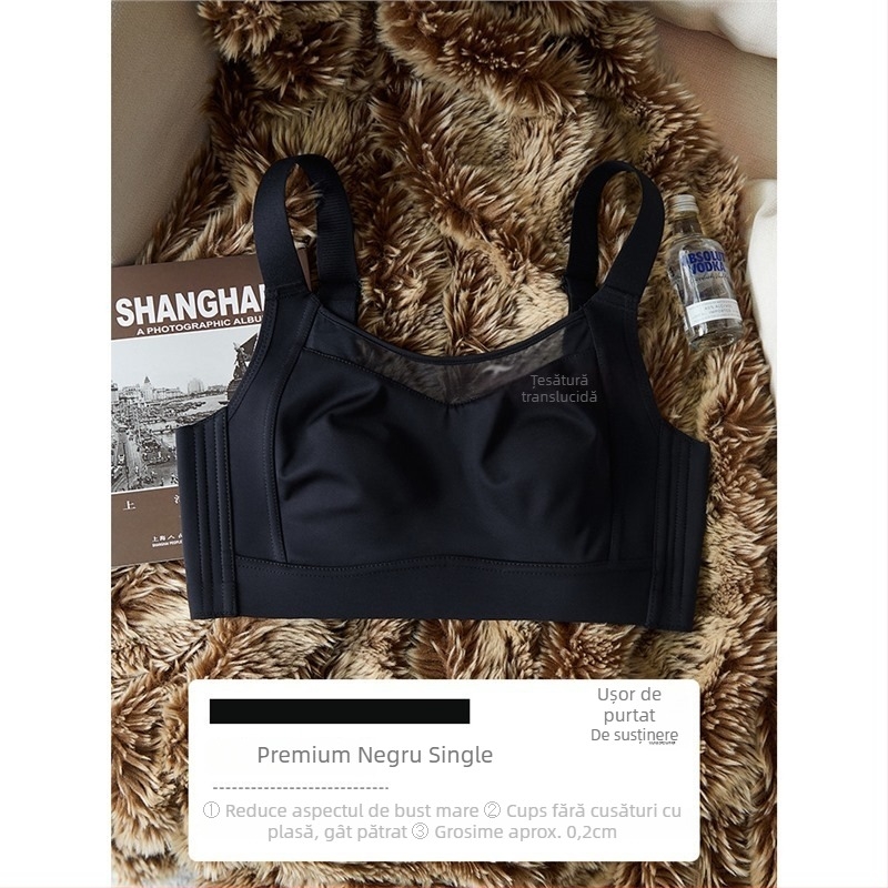 Sutien fără cusături cu cupă întreagă – ultra-subțire din nylon, cupe turnate subțiri, fără arc, bretele duble fixe, anti-prolapsiune