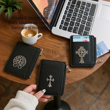 Port-card din PU, ultra-subțire, cu mai multe buzunare pentru carduri, buzunar pentru monede, unisex, minimalist, lux discret