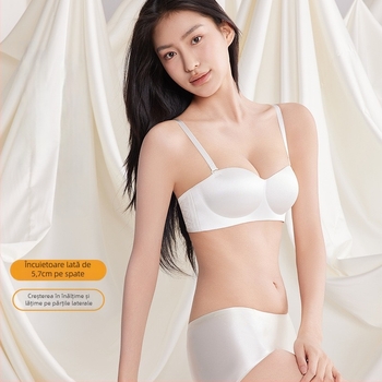 Sutien wireless din satin lucios, fără cusături, cu susținere laterală, fără bretele, închidere la spate cu patru cârlige, material nylon