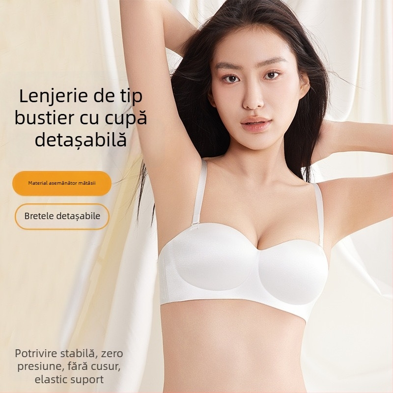 Sutien wireless din satin lucios, fără cusături, cu susținere laterală, fără bretele, închidere la spate cu patru cârlige, material nylon