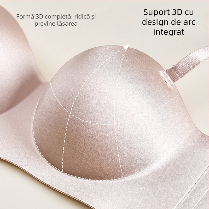 Sutien wireless din satin lucios, fără cusături, cu susținere laterală, fără bretele, închidere la spate cu patru cârlige, material nylon