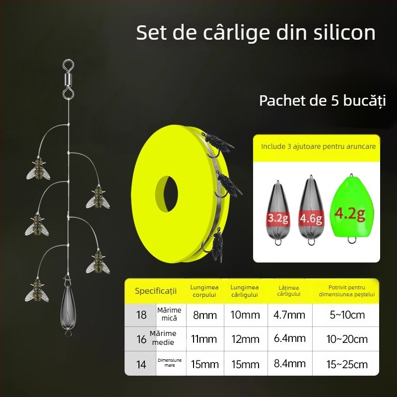 Set cârlige din sârmă pentru muște, 16 cârlige, anti-încurcare, Caddis