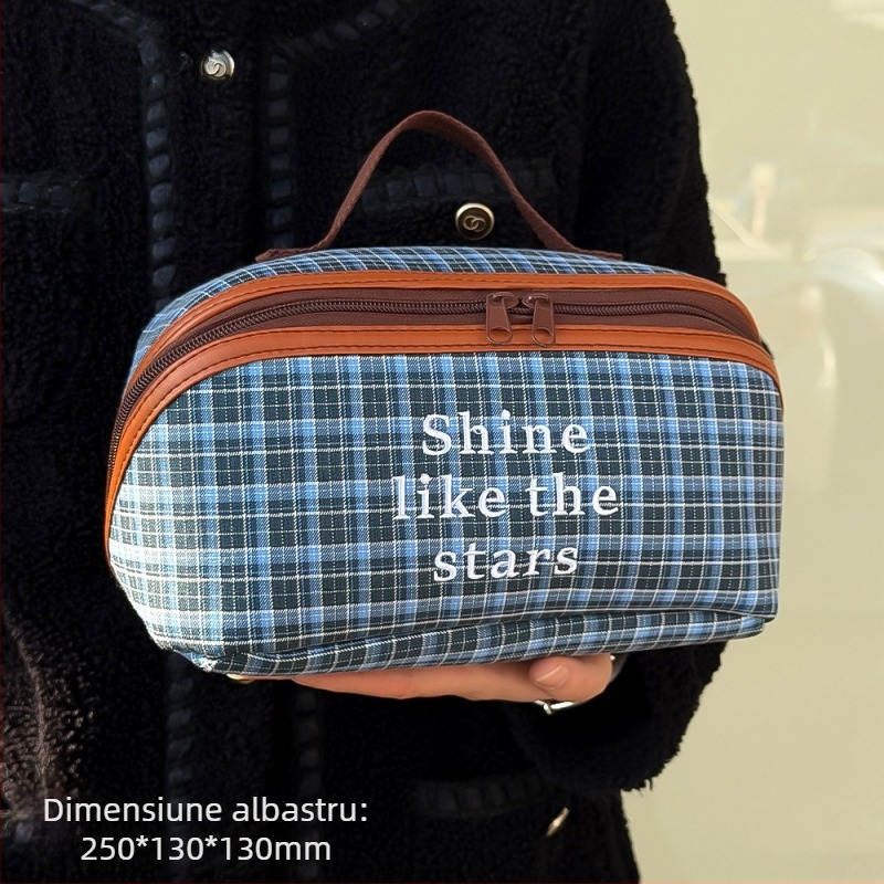 Geantă cosmetică retro în carouri, stil coreean, material textil, capacitate mare, închidere cu fermoar