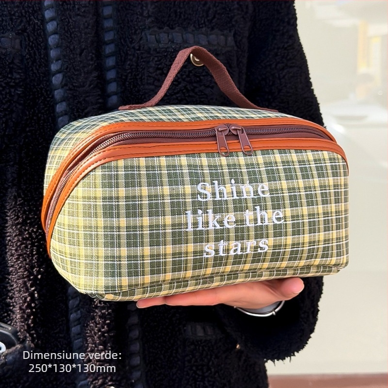 Geantă cosmetică retro în carouri, stil coreean, material textil, capacitate mare, închidere cu fermoar