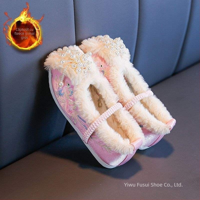 Pantofi Hanfu din țesătură manuală pentru femei, stil etnic, partea superioară din bumbac brodat, slip-on, vârf încovoiat, toc plat pătrat