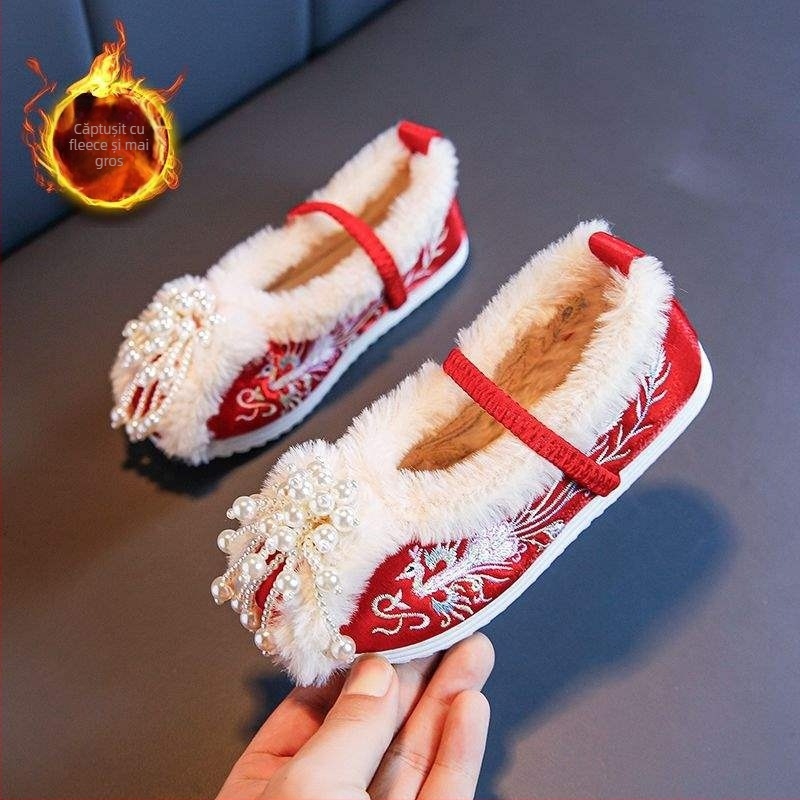 Pantofi Hanfu din țesătură manuală pentru femei, stil etnic, partea superioară din bumbac brodat, slip-on, vârf încovoiat, toc plat pătrat