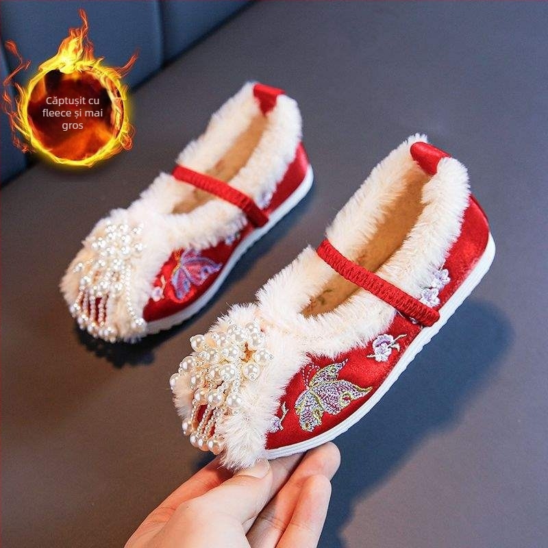 Pantofi Hanfu din țesătură manuală pentru femei, stil etnic, partea superioară din bumbac brodat, slip-on, vârf încovoiat, toc plat pătrat