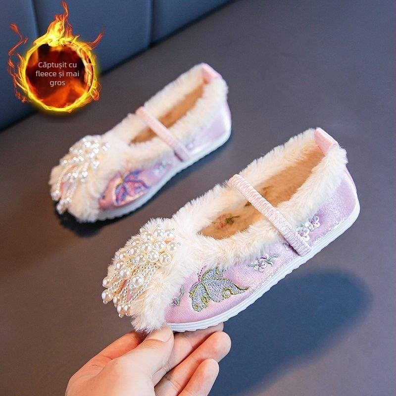 Pantofi Hanfu din țesătură manuală pentru femei, stil etnic, partea superioară din bumbac brodat, slip-on, vârf încovoiat, toc plat pătrat