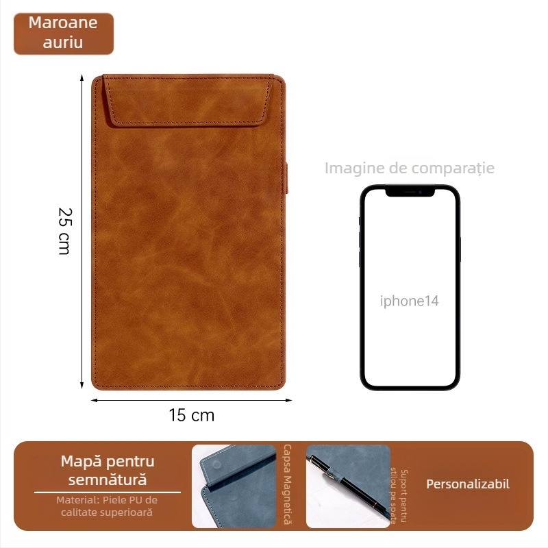 Mapă magnetică din piele cu clemă A4, placă de 5 mm și imprimare logo – personalizabilă