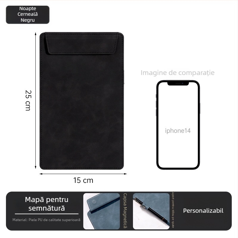 Mapă magnetică din piele cu clemă A4, placă de 5 mm și imprimare logo – personalizabilă