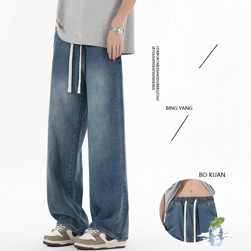 Blugi, stil coreean, croială dreaptă, talie joasă, fermoar, desen manual