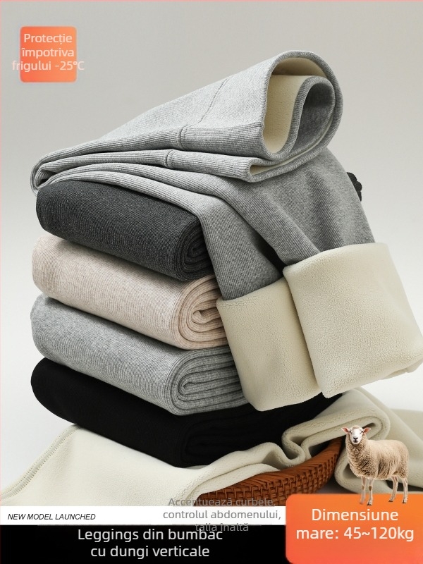 Colanți pentru femei din bumbac, căptușiți cu fleece, model în dungi, talie înaltă, lungime integrală, material bumbac-elastan