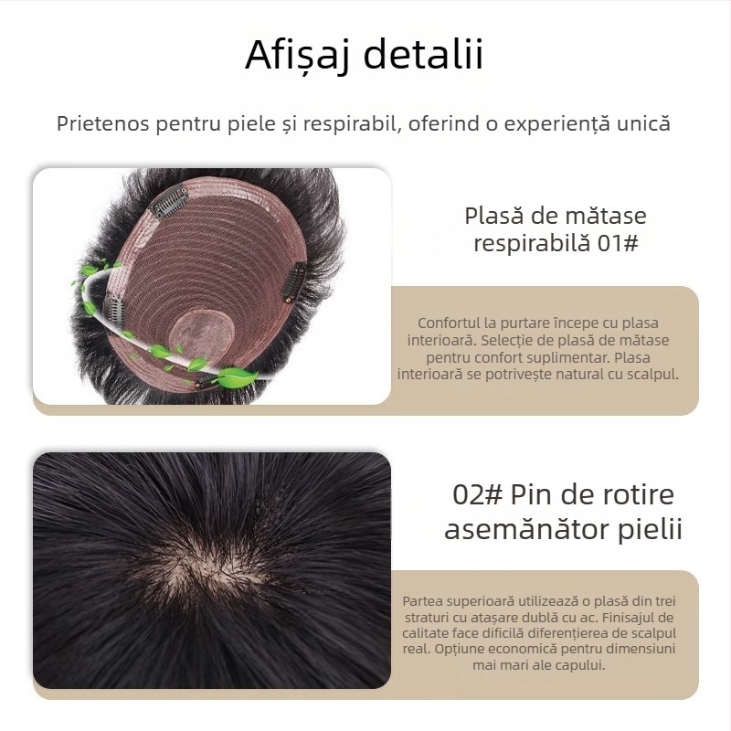 Perucă pentru bărbați – păr natural, fără cusături, aspect natural, acoperire a vârfului, respirabilă pentru vară, poate fi vopsită sau îndreptată.
