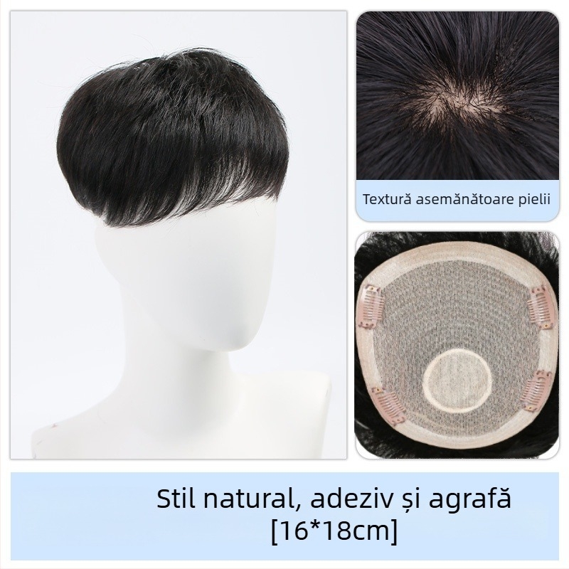 Perucă pentru bărbați – păr natural, fără cusături, aspect natural, acoperire a vârfului, respirabilă pentru vară, poate fi vopsită sau îndreptată.