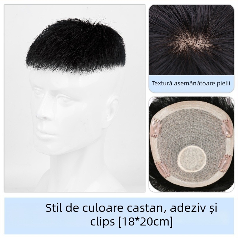 Perucă pentru bărbați – păr natural, fără cusături, aspect natural, acoperire a vârfului, respirabilă pentru vară, poate fi vopsită sau îndreptată.