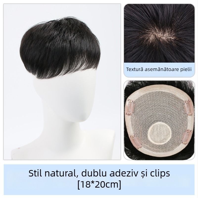 Perucă pentru bărbați – păr natural, fără cusături, aspect natural, acoperire a vârfului, respirabilă pentru vară, poate fi vopsită sau îndreptată.