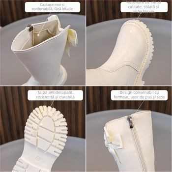 Ghete Martin pentru fete - Înălțime ridicată, căptușite cu fleece, fermoar lateral, talpă din cauciuc, exterior din piele artificială, stil prințesă, toamnă/iarnă, pentru 4–16 ani