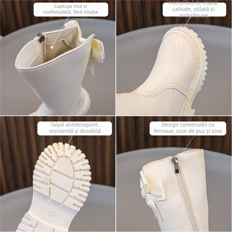 Ghete Martin pentru fete - Înălțime ridicată, căptușite cu fleece, fermoar lateral, talpă din cauciuc, exterior din piele artificială, stil prințesă, toamnă/iarnă, pentru 4–16 ani