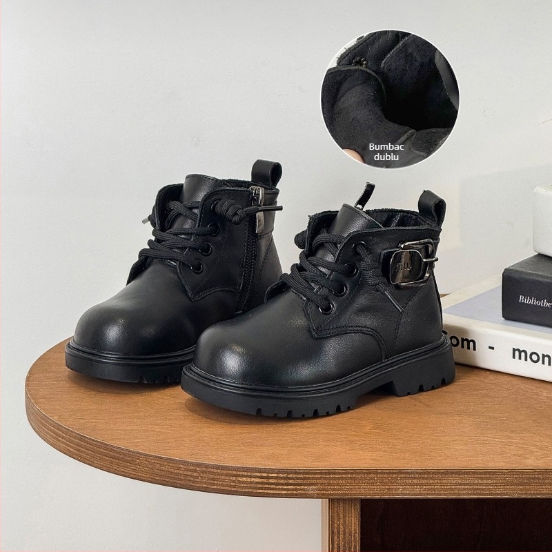 Ghete Martin pentru copii, cu partea superioară din piele, gambă medie, fermoar lateral, talpă din cauciuc