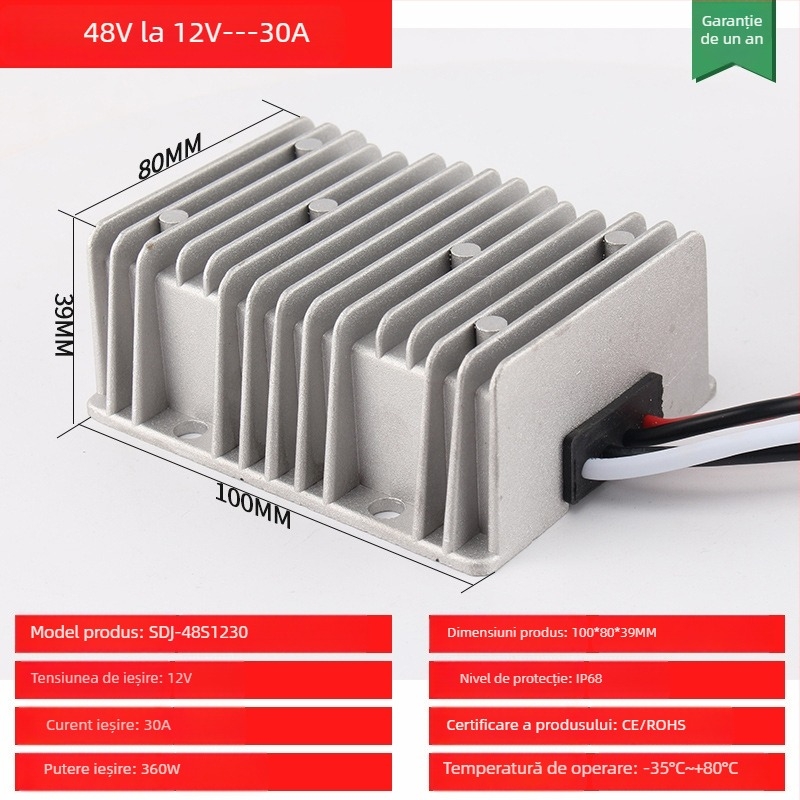 Convertor DC-DC buck-boost, intrare 48V, ieșire 12V, până la 30A, 350W, IP68, comutație PWM
