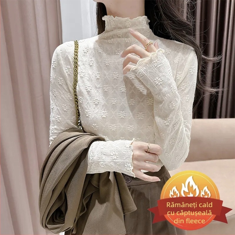 Top din dantelă cu broderie florală și margine dantelată, guler semi-înalt, mâneci lungi, dantelă din nailon 80–90%, toamnă 2024, stil urban