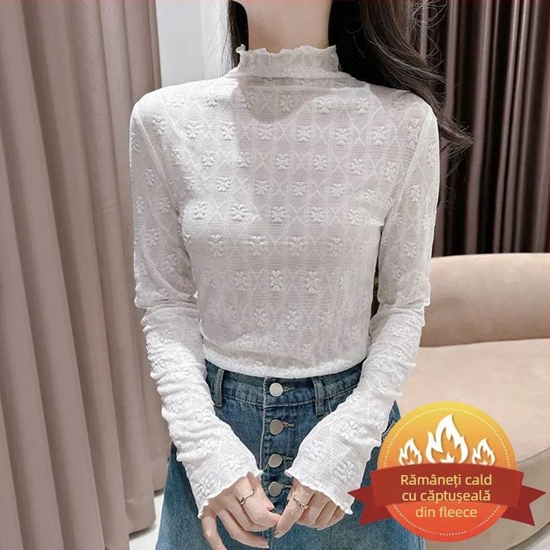 Top din dantelă cu broderie florală și margine dantelată, guler semi-înalt, mâneci lungi, dantelă din nailon 80–90%, toamnă 2024, stil urban