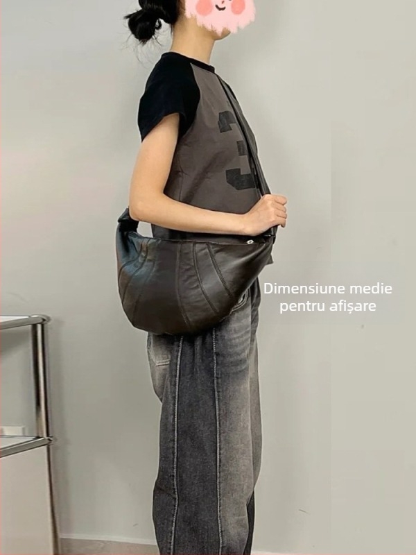 Geantă Dumpling din piele naturală, textură de piele de oaie, stil street, fermoar, căptușeală din pânză