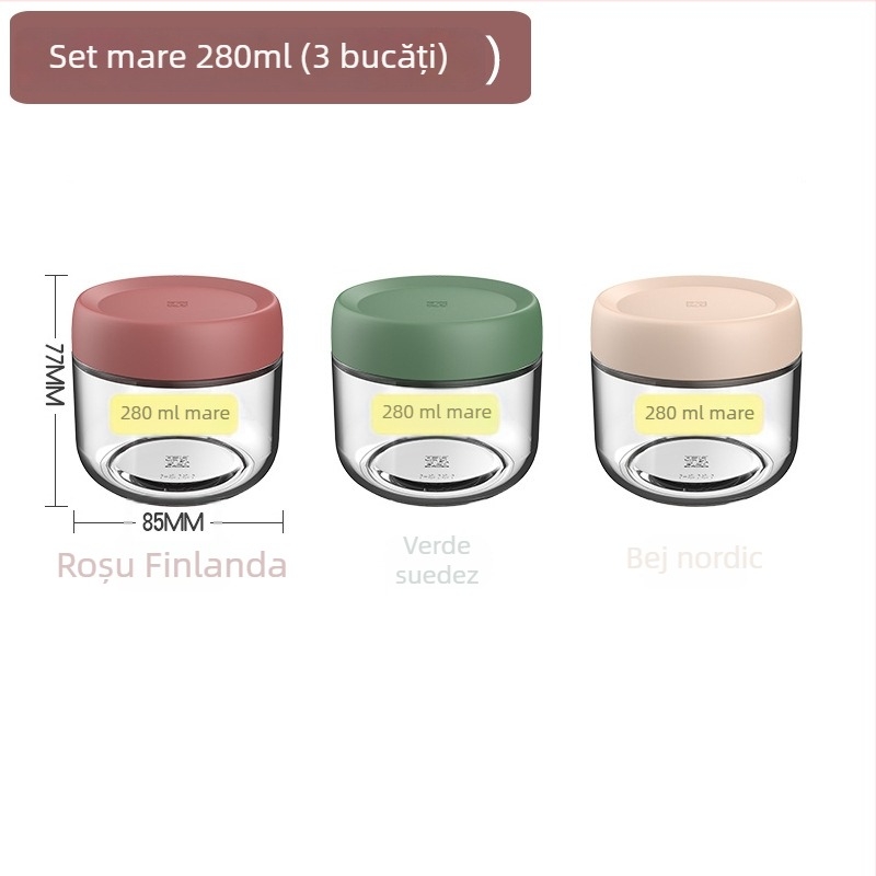 Borcane din sticlă sigilate pentru conservarea alimentelor, recipiente de bucătărie rotunde, sub 300 ml, stil modern minimalist.